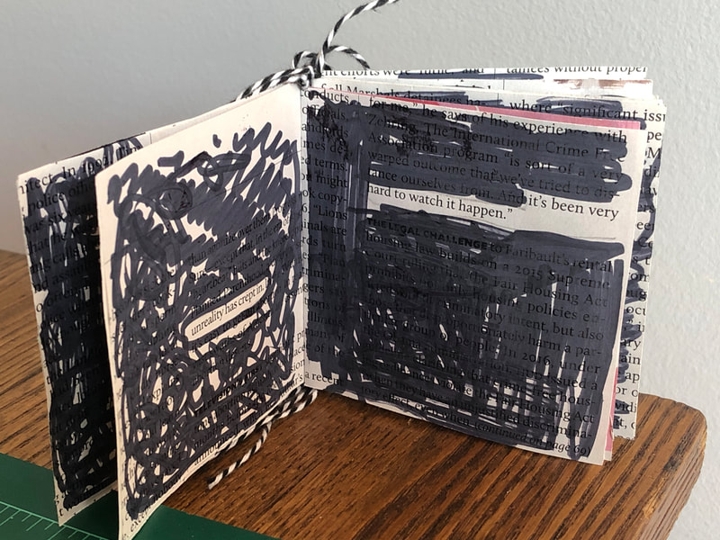 Tied book binding with erasure poem from Moby Dick