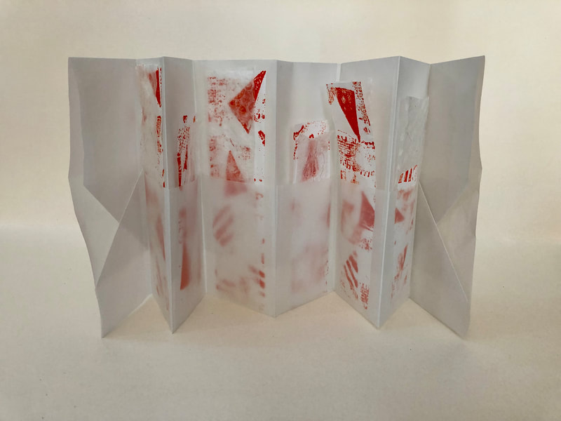 Accordion fold book with pockets made from architectural vellum. Pockets hold abstract collograph prints.